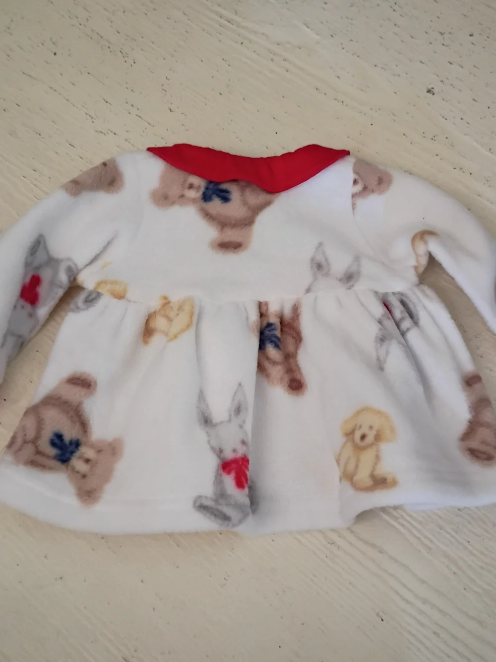 Vintage Carter's White Teddy Print Fleece Dress with Red Trim